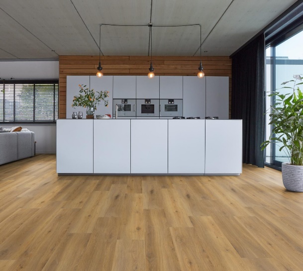 A kitchen with a wood floor AI-generated content may be incorrect.