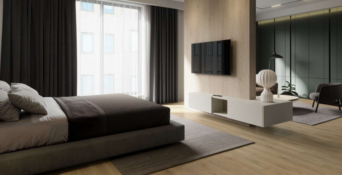 KRONOSPAN_Flooring2025_Hotel Room_CGI01_Atlantic 8_K469 K469 Tortilla Cashmere Oak - Afbeelding 1